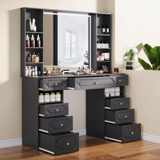 Black X-Large Makeup Vanity with LED Lighted Mirror and 9 Drawers Storage Shelf 47 Inch Dressing Table