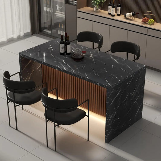 63 Inch Large Imitation Marble Dining Table for 4 to 6 People with LED Lights Modern Marble Stripes Kitchen Dining