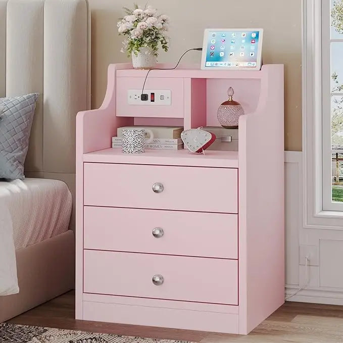 Nightstand with Charging Station and 3 Storage Drawers Modern Bedside Table with Hutch