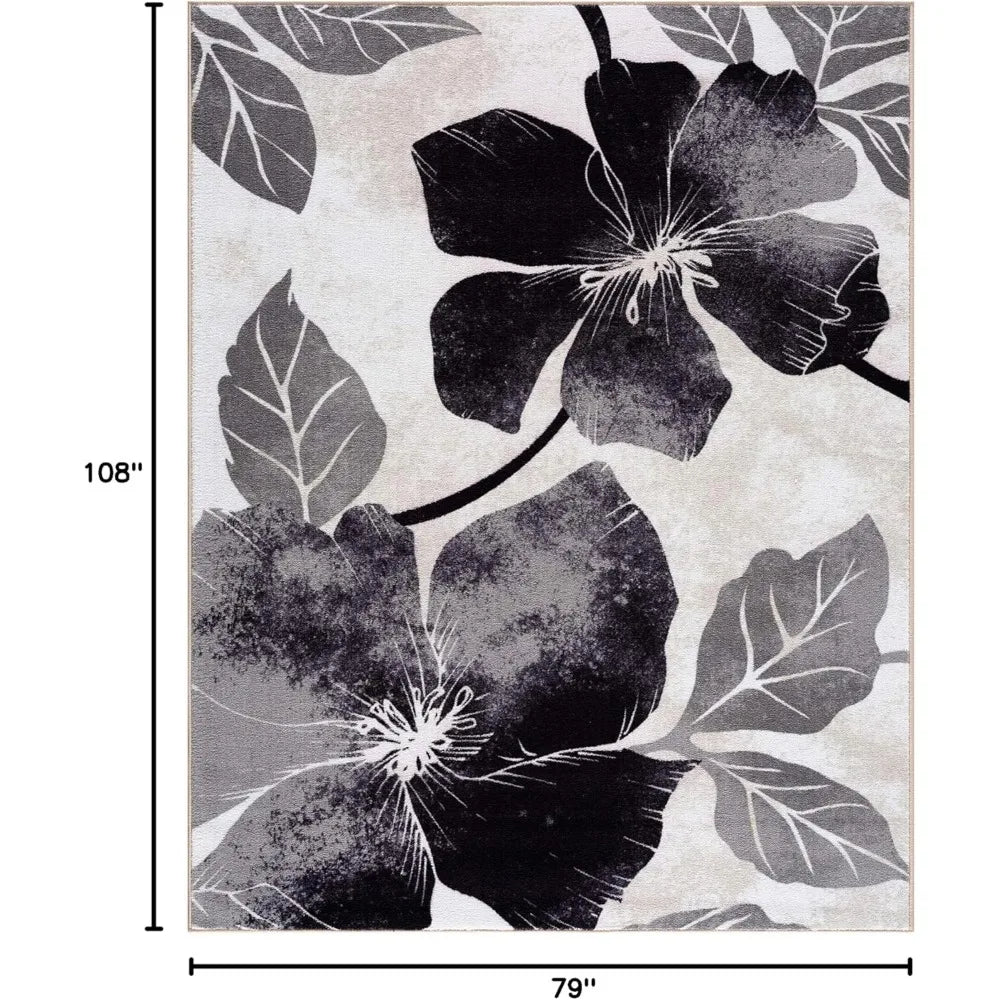 Solana Modern Floral Area Rug 6 Feet 7 Inches by 9 Feet Non Skid Rubber Backing Black Gray Flowers Indoor Rug