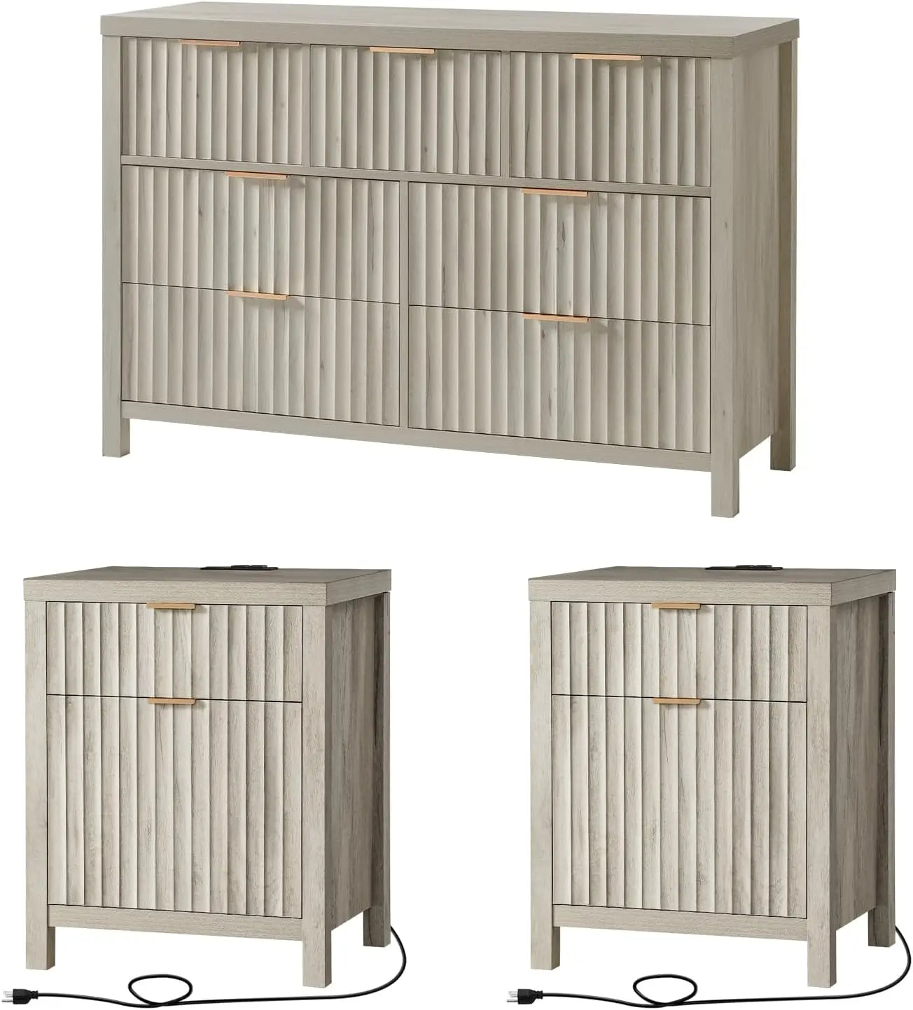 3 Pieces Fluted 7 Drawer Dresser and Nightstand Set with Charging Station Modern Bedroom Furniture Set