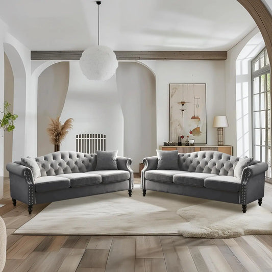 Chesterfield Velvet Sofa Set 3 Seater and Loveseat with Pillows Rolled Arms Nailhead Trim Classic Design Living Room Bedroom