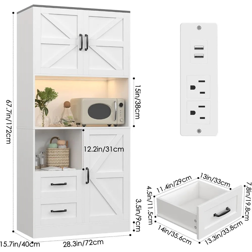 Kitchen Pantry Storage Cabinet with LED Lights and Power Strip Tall Farmhouse Kitchen Pantry with Barn Doors and Drawers