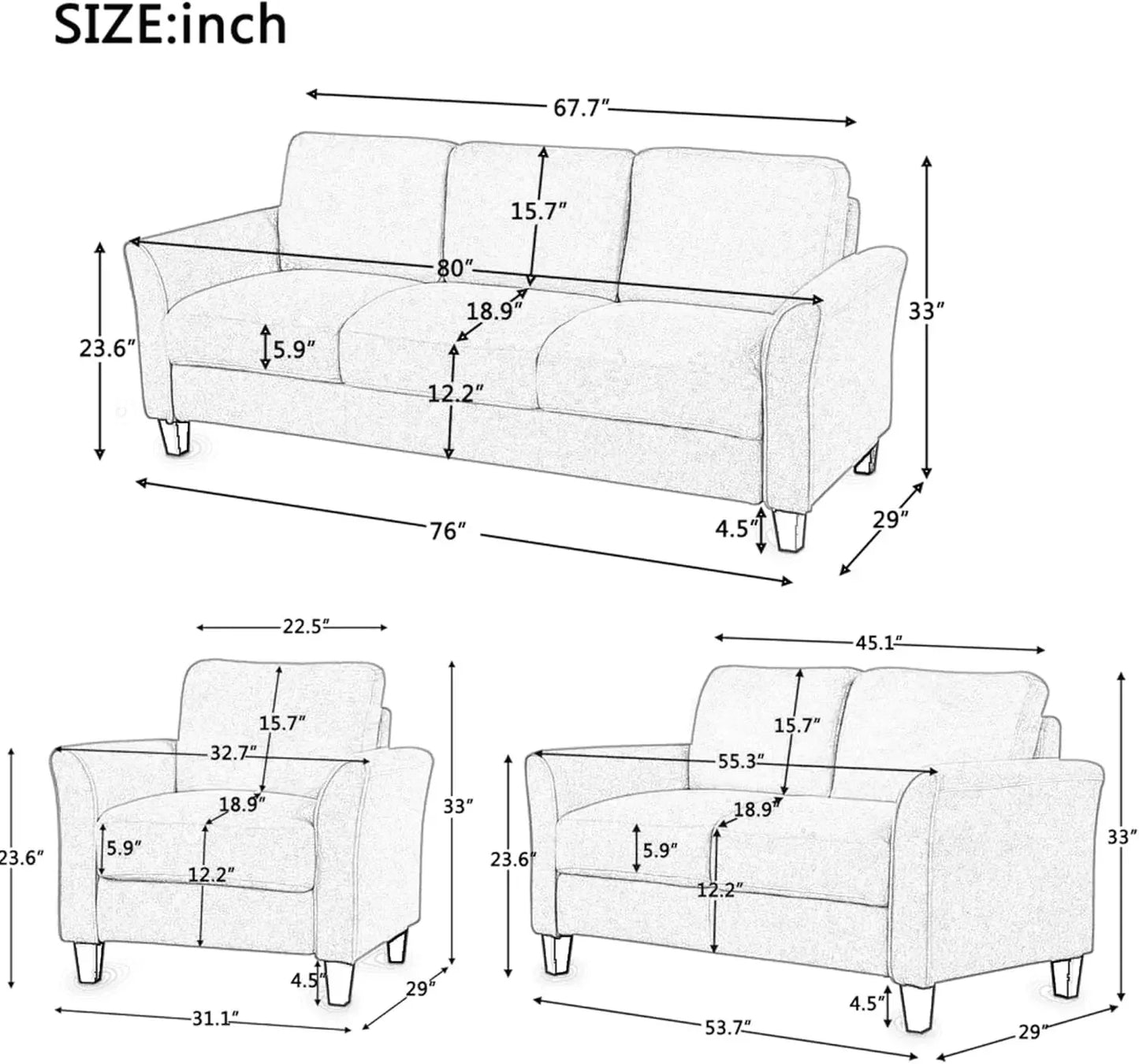 3 Piece Sectional Sofa Set Living Room Furniture Grey 3 Seat Couch Loveseat Chair