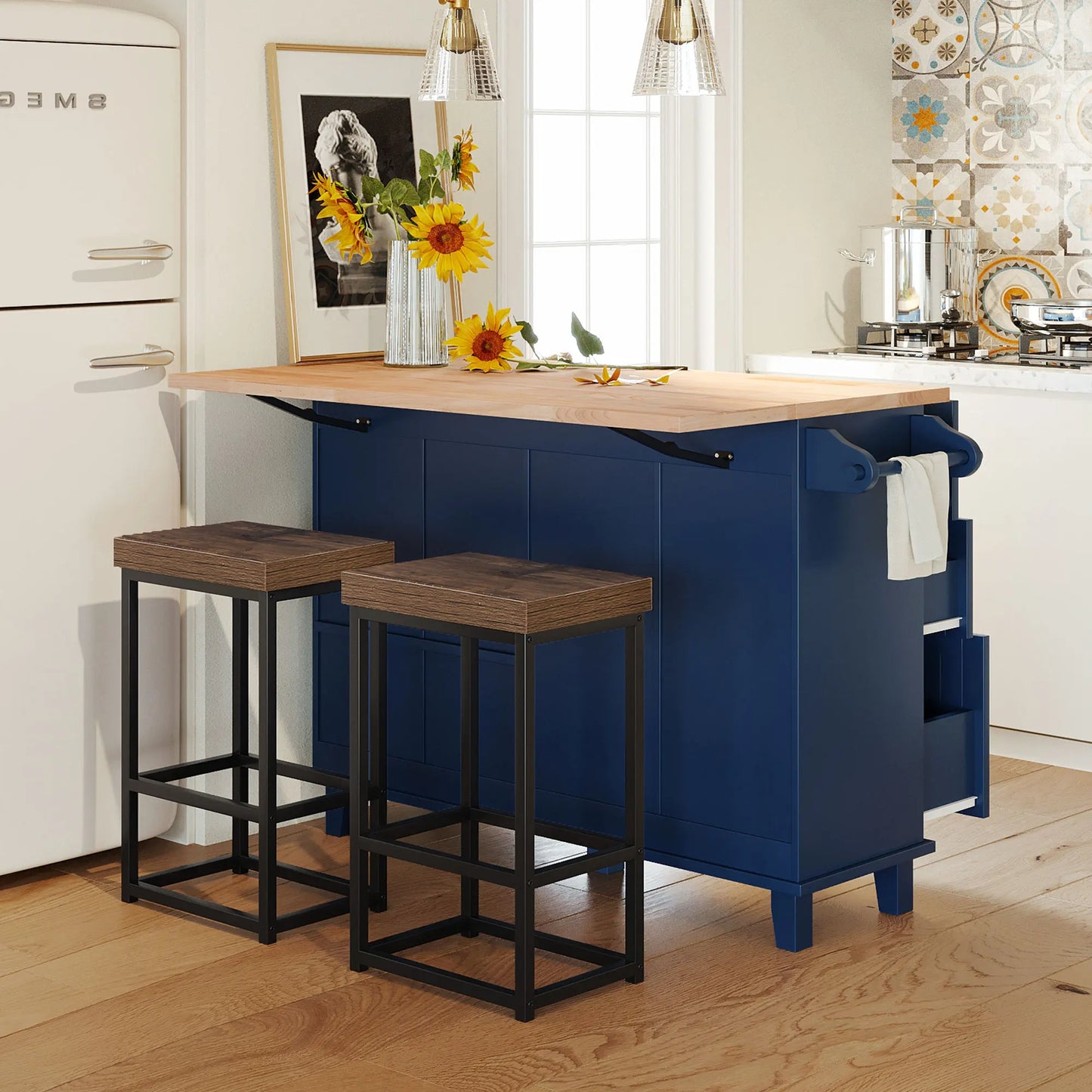 Topmax Farmhouse Kitchen Island Set with Drop Leaf and 2 Seatings Dining Table Set with Storage Cabinet Drawers and Towel Rack