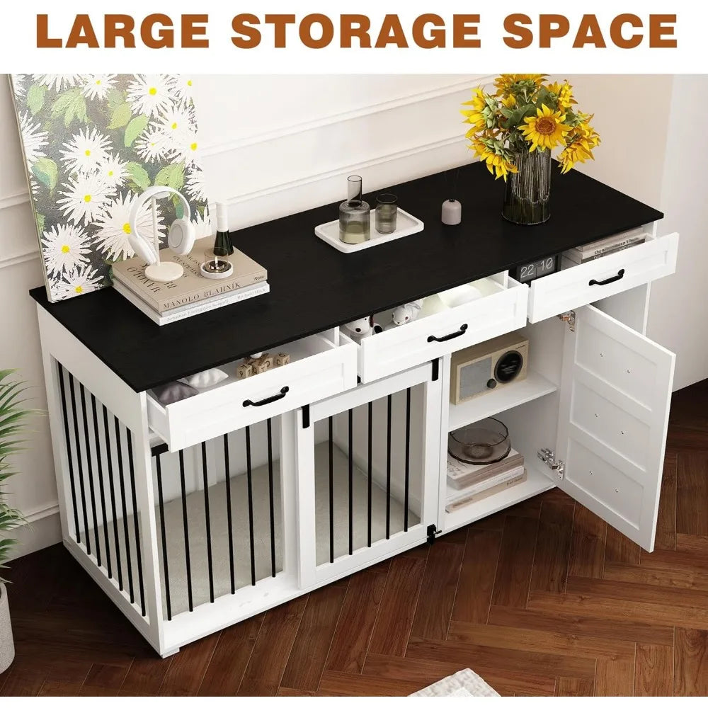 Extra Large Furniture Style Dog Crate with Drawers and Shelves 67 Inch Luxury Wooden Heavy Duty Single Room Dog Kennel Furniture