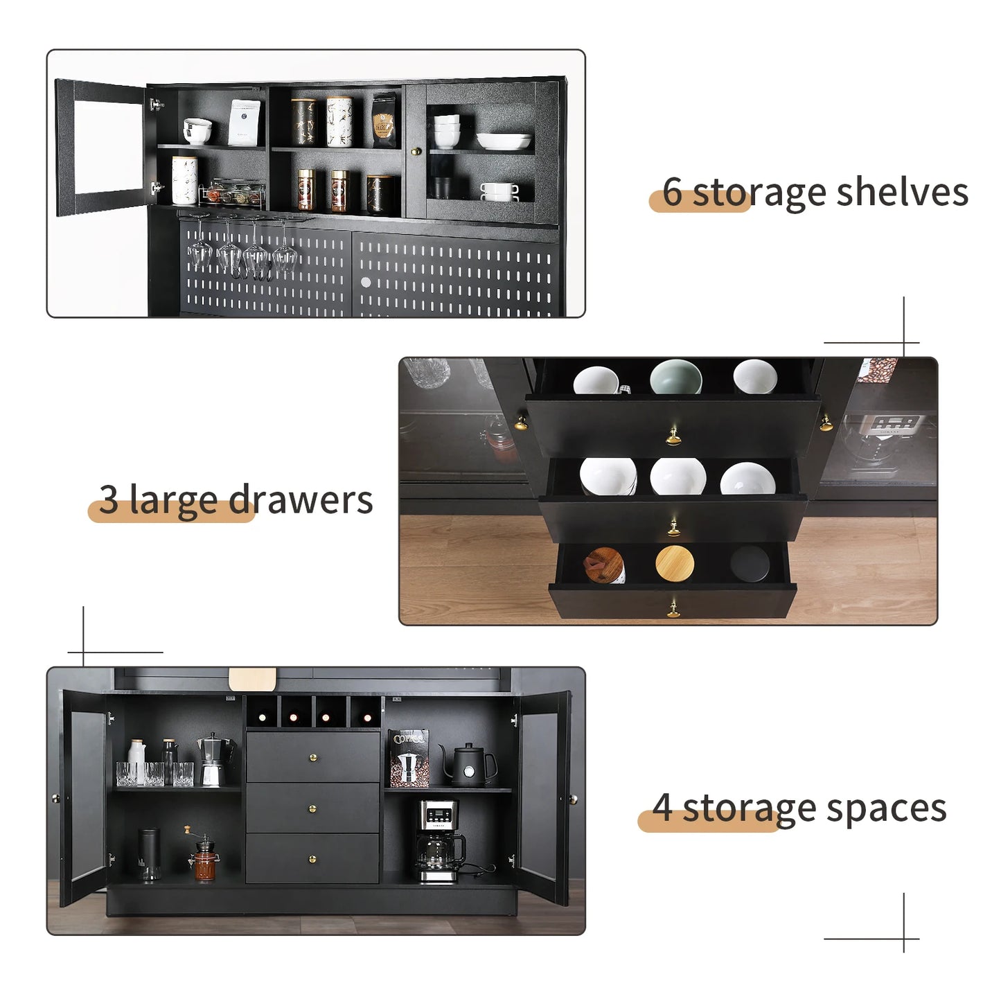 Pantry Cabinet Kitchen Storage Cabinet Freestanding Buffet Hutch with Pegboard Cup Holder Power Outlet Black