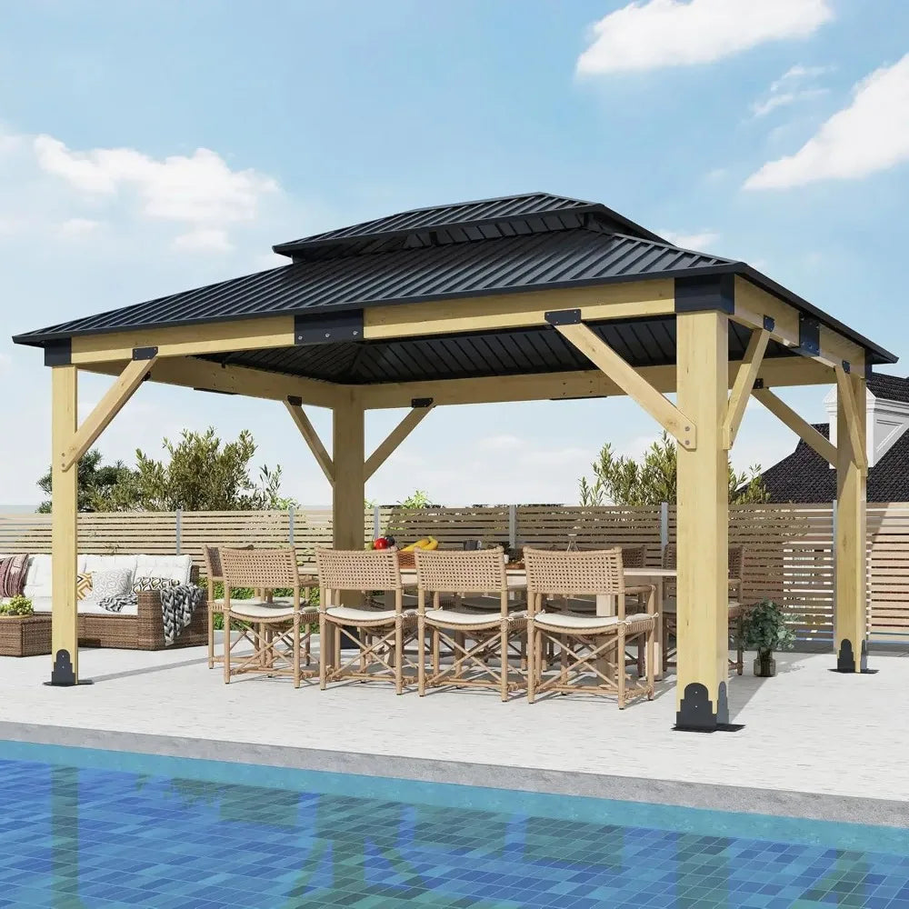 Outdoor Wooden Gazebo Patio Galvanized Steel Gazebo with Double Vented Roof Heavy Duty Cedar Wood for Garden Use