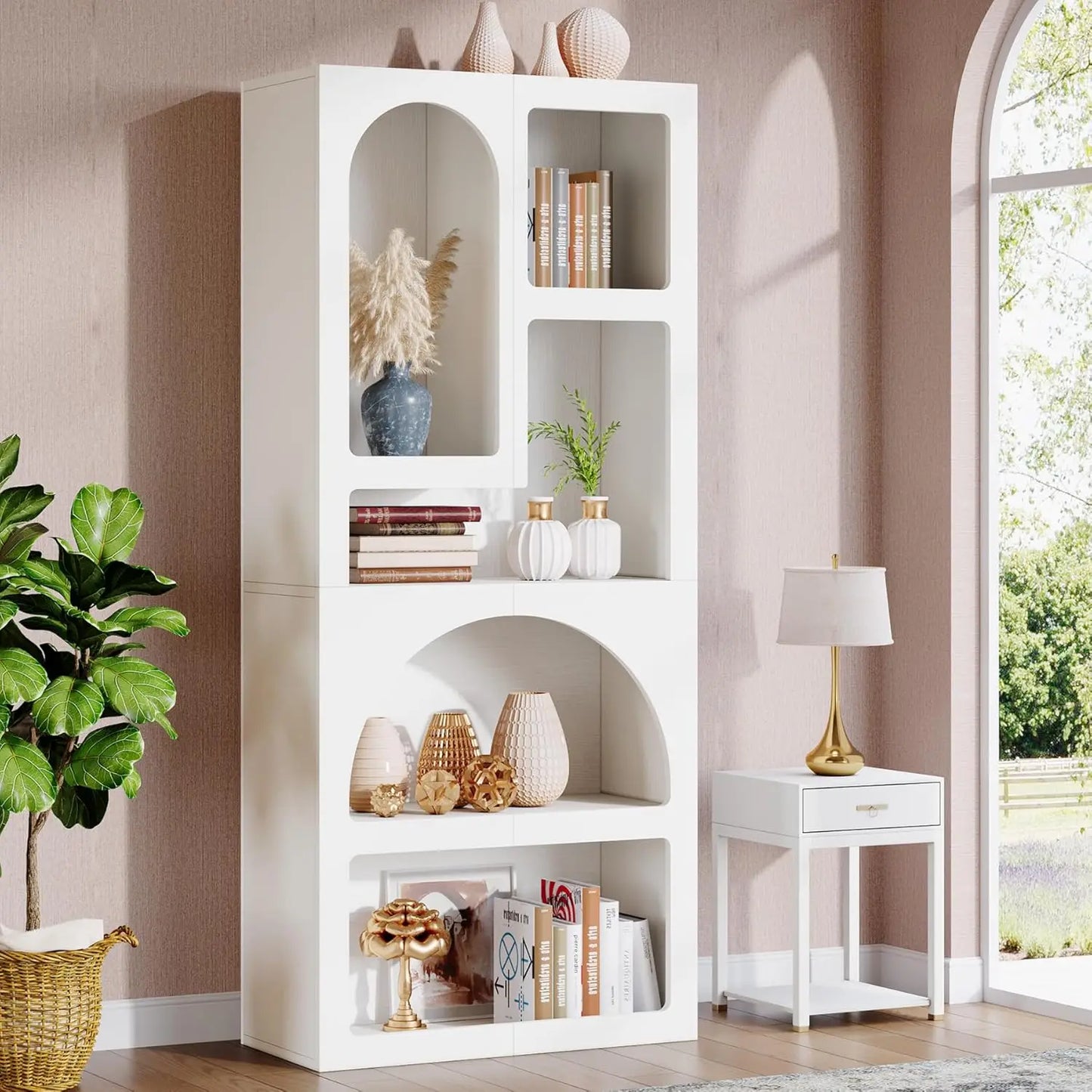 70.87 Inch Tall Geometric Bookshelf White Arched Bookcase with 5 Irregular Storage Shelves Free Standing for Living Room and Bedroom
