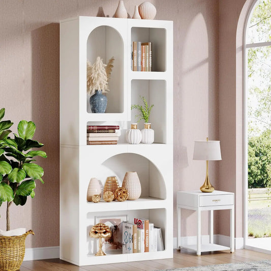 70.87 Inch Tall Geometric Bookshelf White Arched Bookcase with 5 Irregular Storage Shelves Free Standing for Living Room and Bedroom