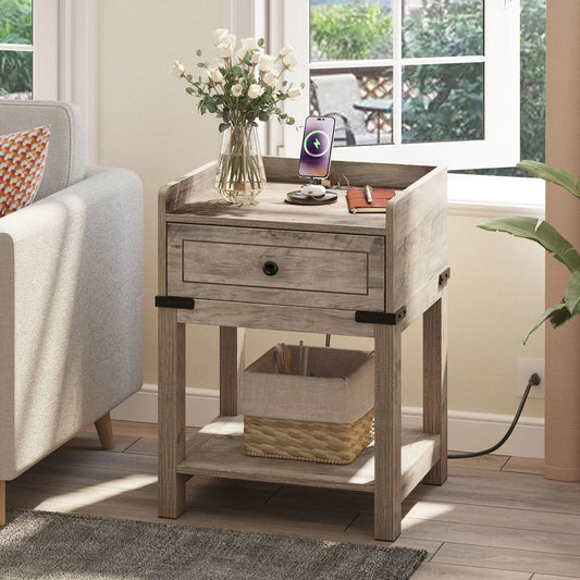 Farmhouse End Table Nightstand with Storage Shelf and Charging Station