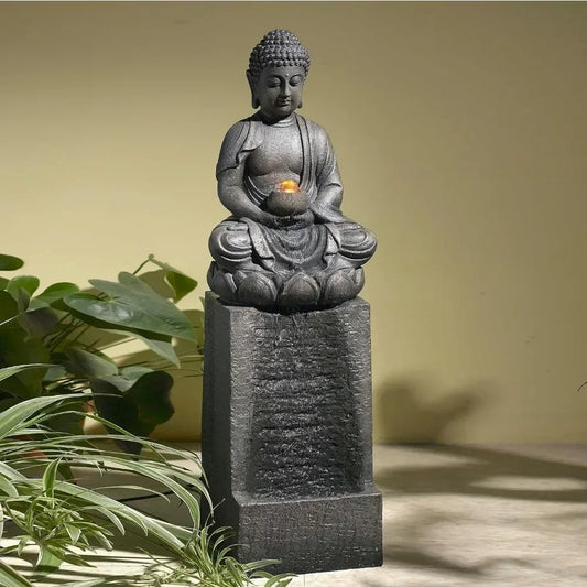 Resin Meditating Buddha Patio Fountain with LED Lights Zen Water Fountain Decor for Garden Backyard Deck