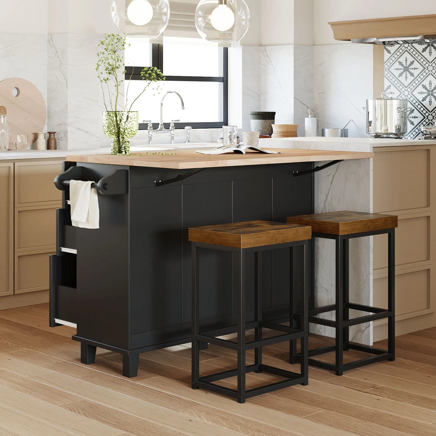 Topmax Farmhouse Kitchen Island Set with Drop Leaf and 2 Seatings Dining Table Set with Storage Cabinet Drawers and Towel Rack