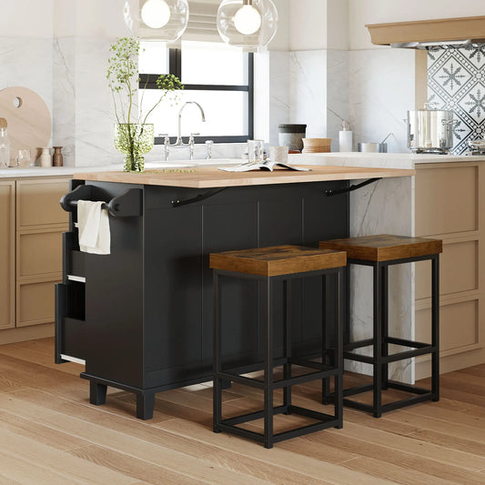Topmax Farmhouse Kitchen Island Set with Drop Leaf and 2 Seatings Dining Table Set with Storage Cabinet Drawers and Towel Rack