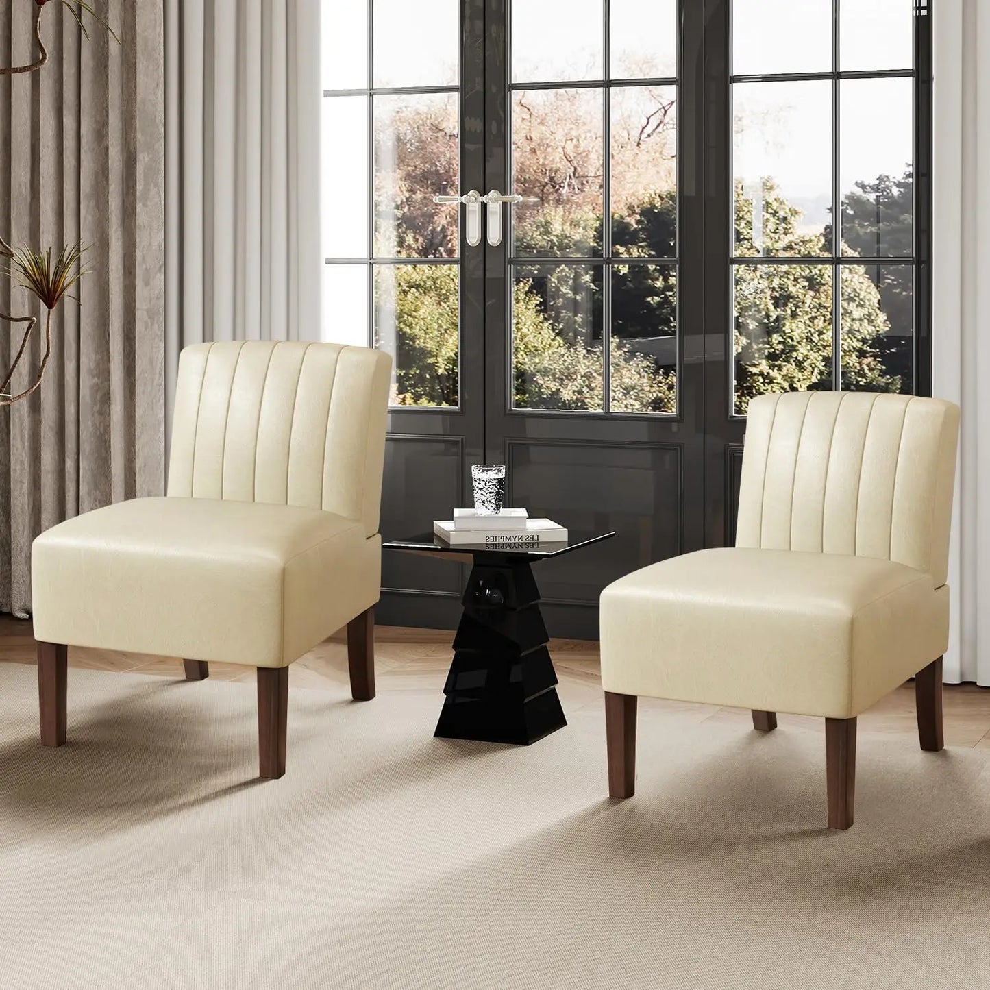 Accent Chairs Set of 2 - Modern Slipper Chairs for Living Room, Solid Wood Legs, Comfy Upholstered Fabric in Black