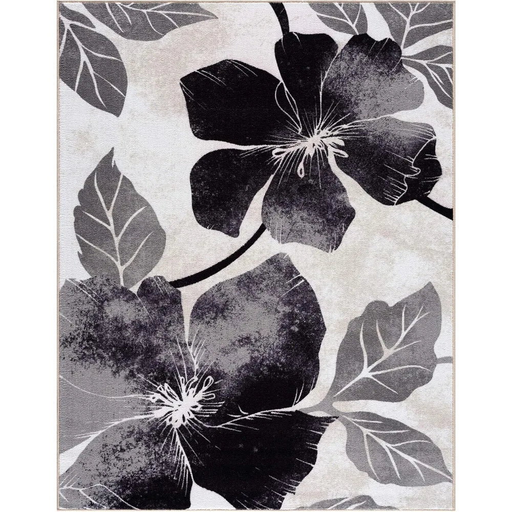 Solana Modern Floral Area Rug 6 Feet 7 Inches by 9 Feet Non Skid Rubber Backing Black Gray Flowers Indoor Rug