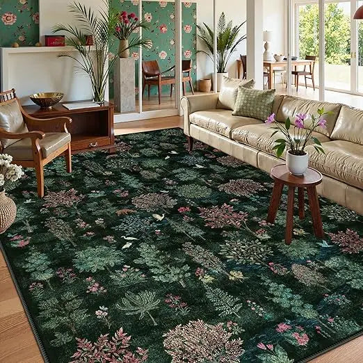 Forest Print Washable 8x10 Area Rugs Dark Green Non Slip Ultra Thin Soft Boho Floral Carpet for Living Room