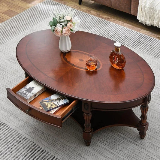 Oval Coffee Table for Living Room Solid Wood Coffee Table with Storage Drawer Victorian Antique Vintage Design