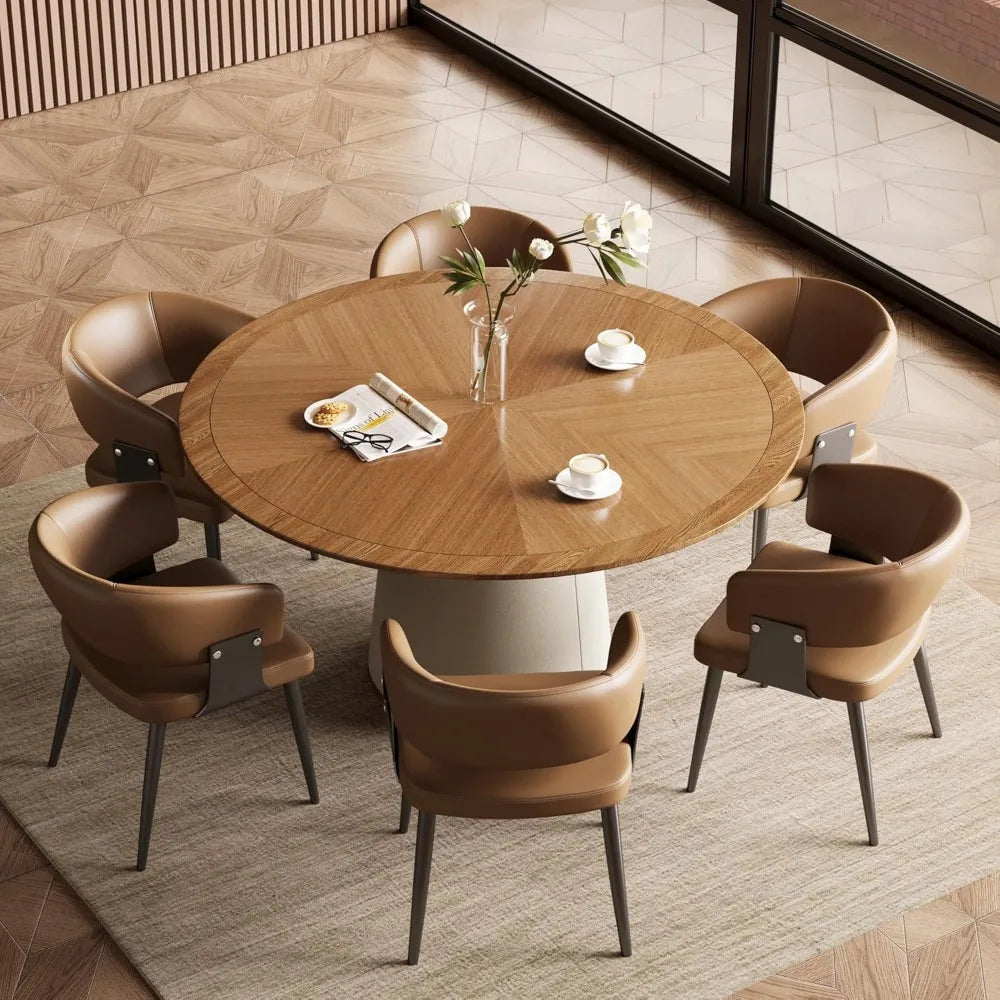 Round Faux Leather Base Dining Table for 4 to 6 People Modern Wood Kitchen Table with Round Solid Wood Veneer Top Ideal for Living Room