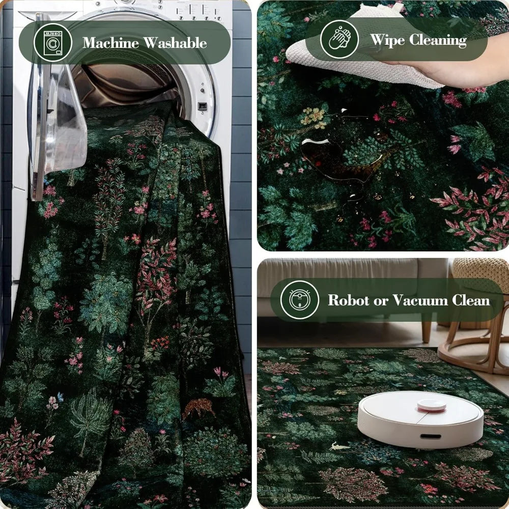 Forest Print Washable 8x10 Area Rugs Dark Green Non Slip Ultra Thin Soft Boho Floral Carpet for Living Room