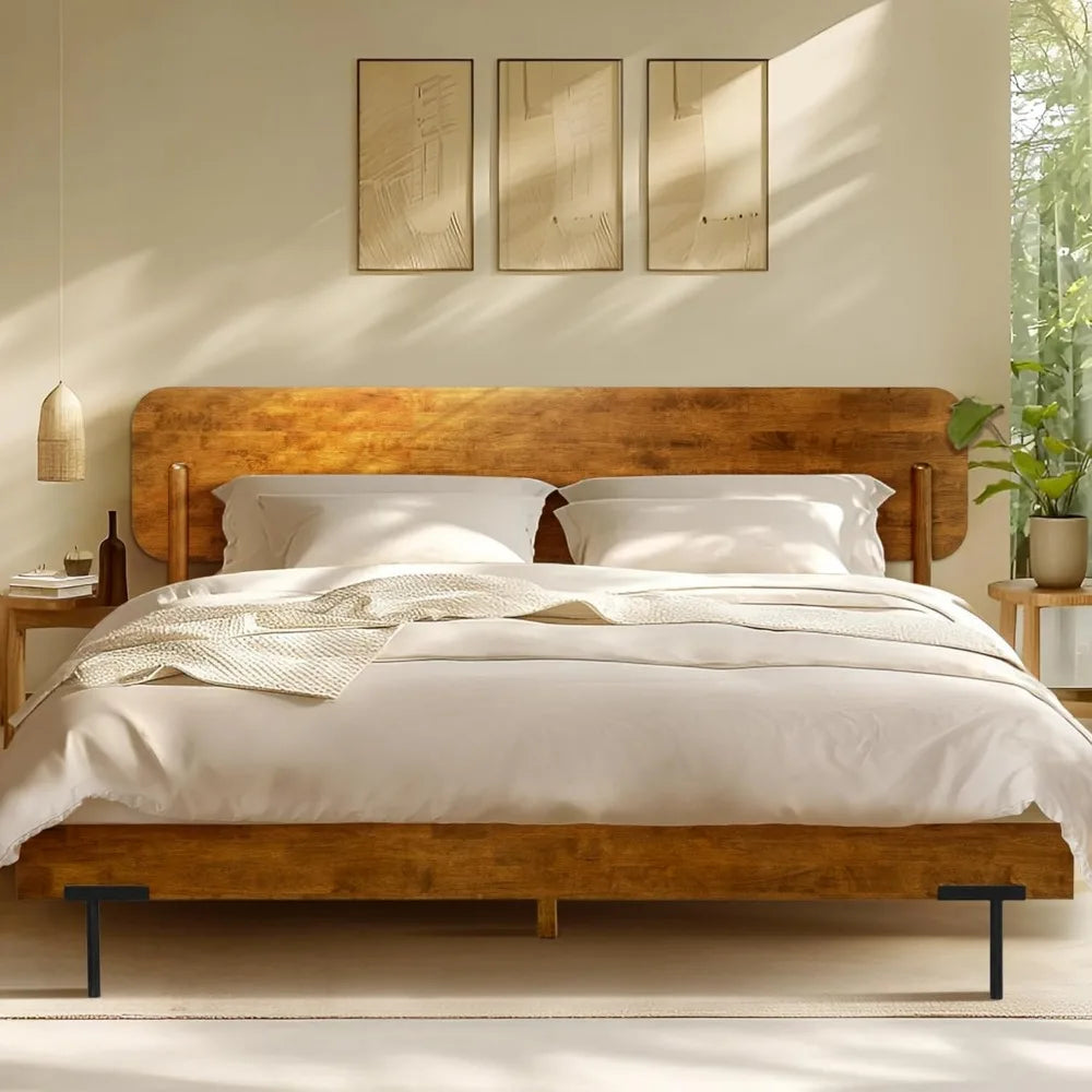 Acacia Frida King Size Bed Frame and Headboard Solid Wood Platform Bed Scandinavian Design 800 Pounds Capacity