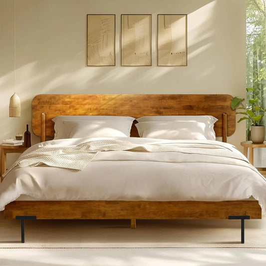 Acacia Frida King Size Bed Frame and Headboard Solid Wood Platform Bed Scandinavian Design 800 Pounds Capacity