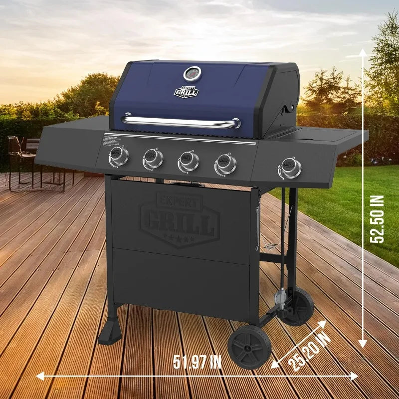 Expert Grill 4 Burner Propane Gas Grill with Side Burner in Blue for Outdoor Cooking and BBQ
