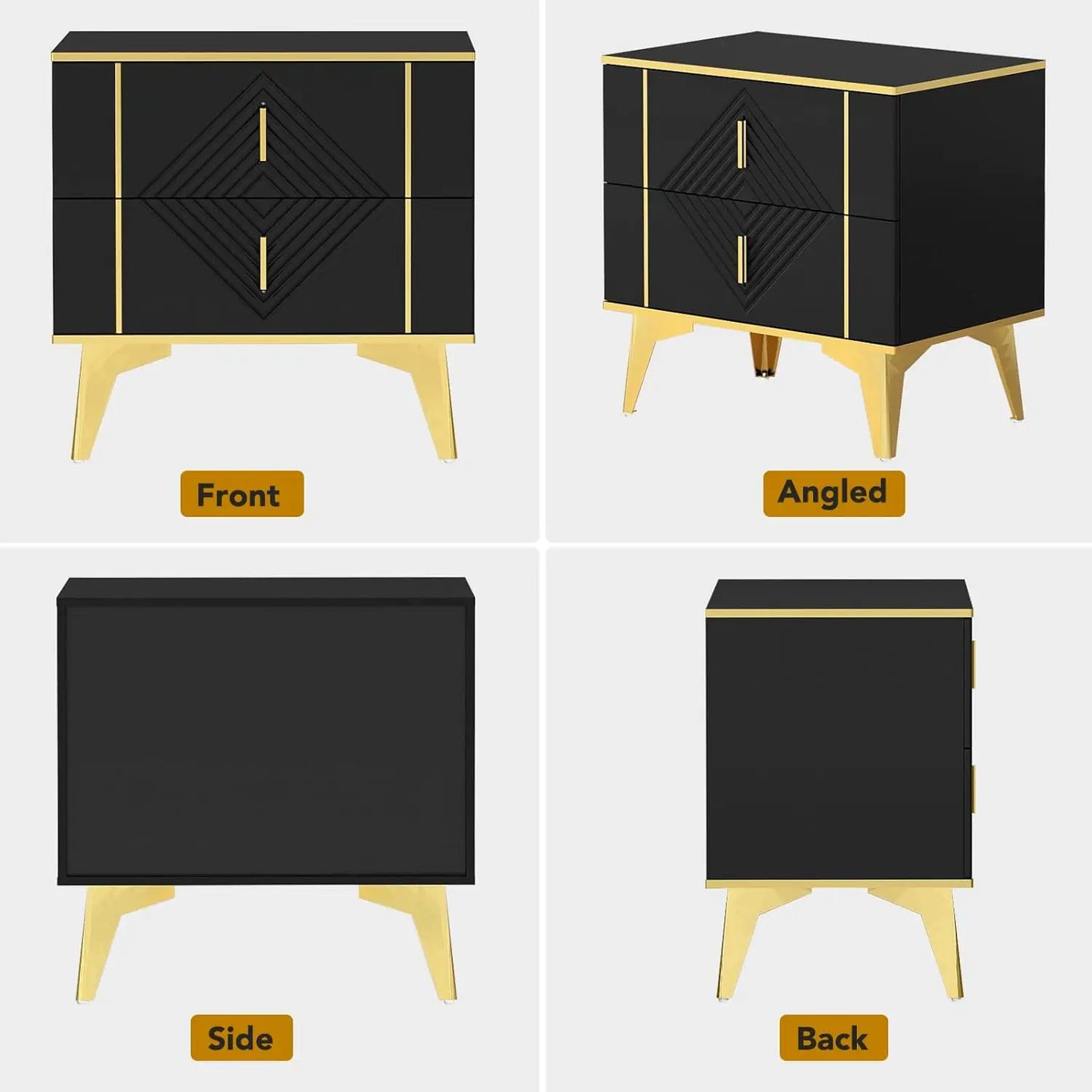 Nightstands Set of 2 Light Luxury Bedside Table with 2 Wood Drawers End Tables with Metal Handles and Metal Legs for Bedroom