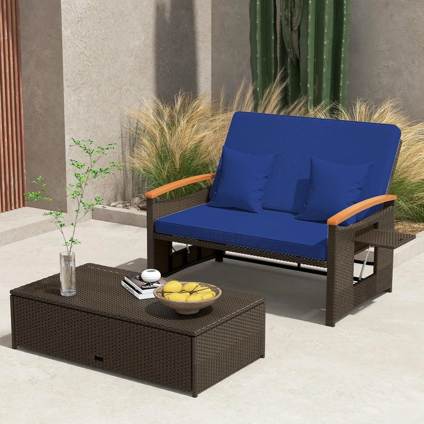 Moccha Outdoor Wicker Daybed Patio Rattan Loveseat Sofa with 4-Level Adjustable Backrest Folding Panels and Storage Ottoman