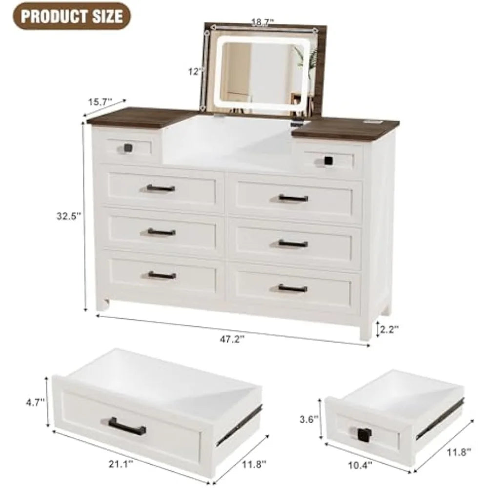 Chest of Drawers for Bedroom 8 Drawer Dresser with Mirror and Charging Station White Farmhouse Makeup Vanity for Kids Room