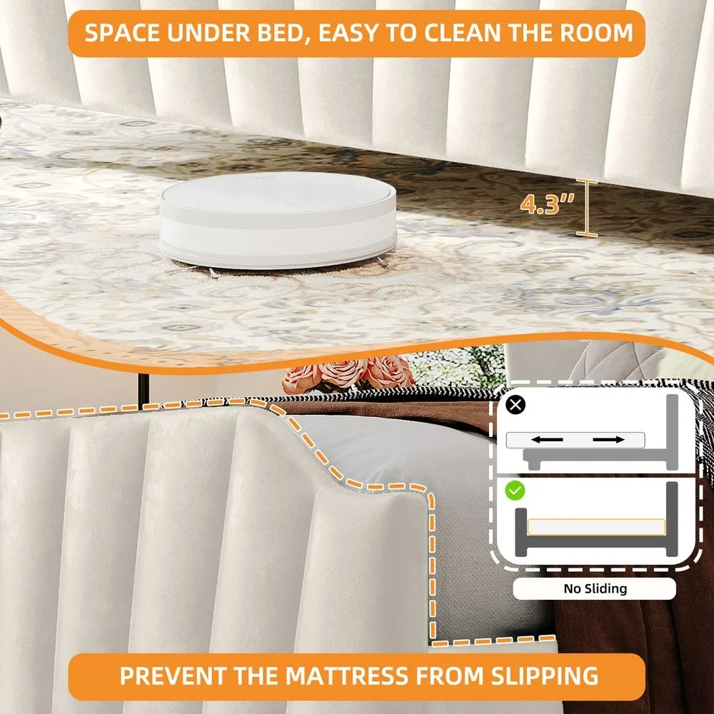 Queen/King Size Velvet Headboard Bed Frame,Stylish Design Elements