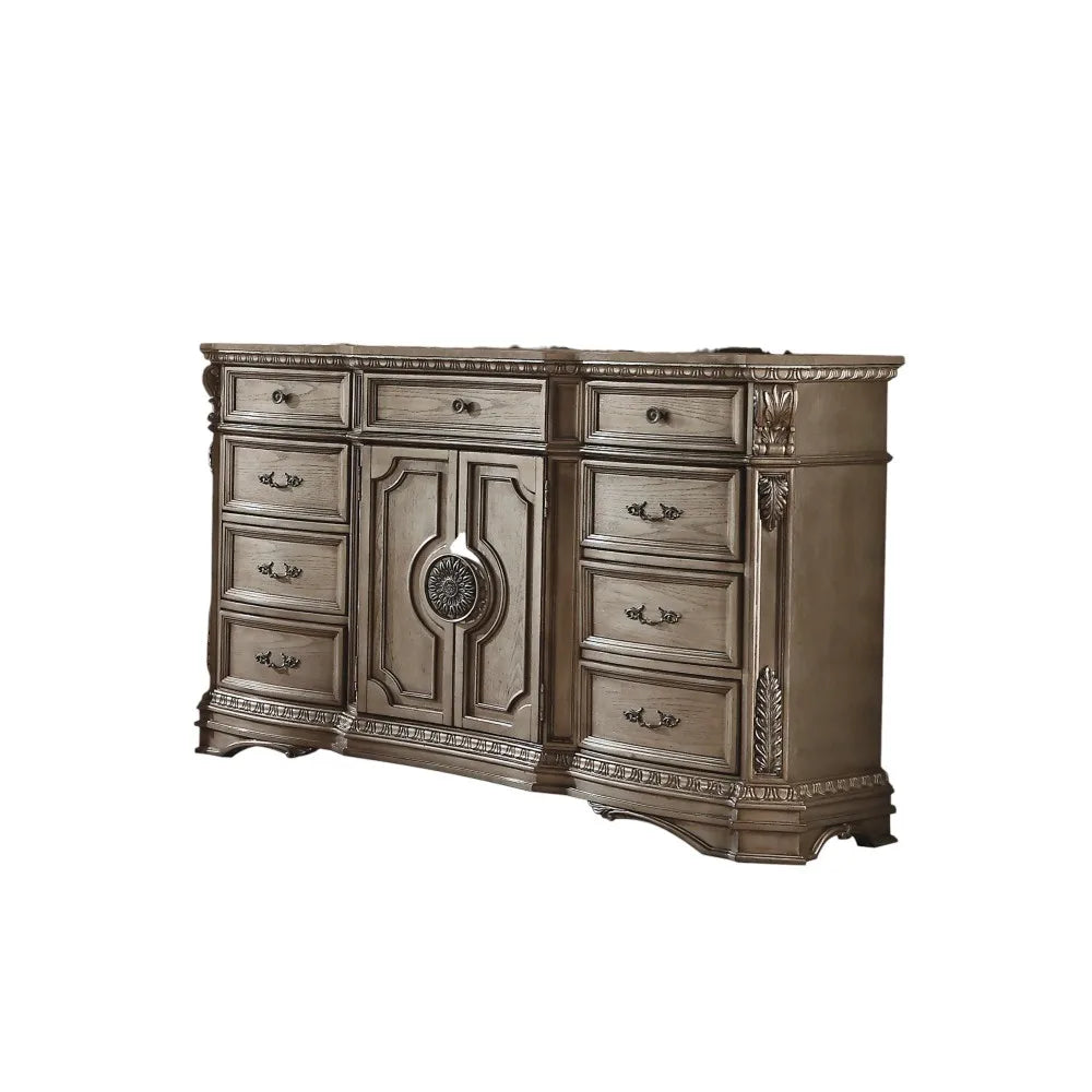 Antique Silver European Style Dresser with Wood Top Solid Carved Vanity Mirror for American Bedroom Furniture