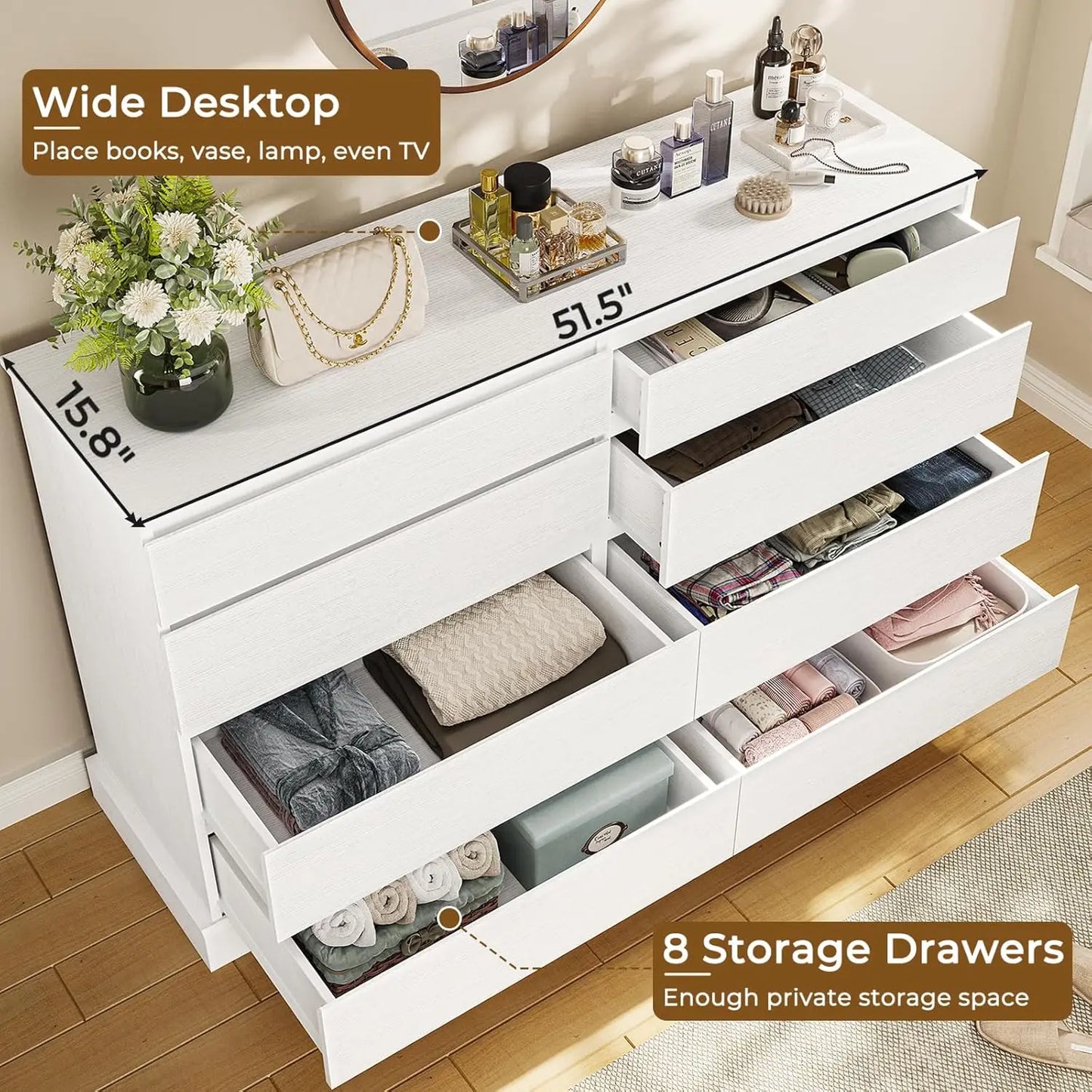 White Wooden Dresser for Bedroom with 8 Spacious Drawers 51.5 Inch Long Clothing Storage Chest