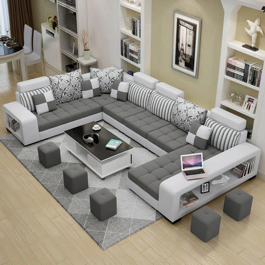 Manbas Dark Grey And Light Grey Fabric Sectional Couch With Chaise U-Shape Living Room Sofa Set With Stools Home Furniture