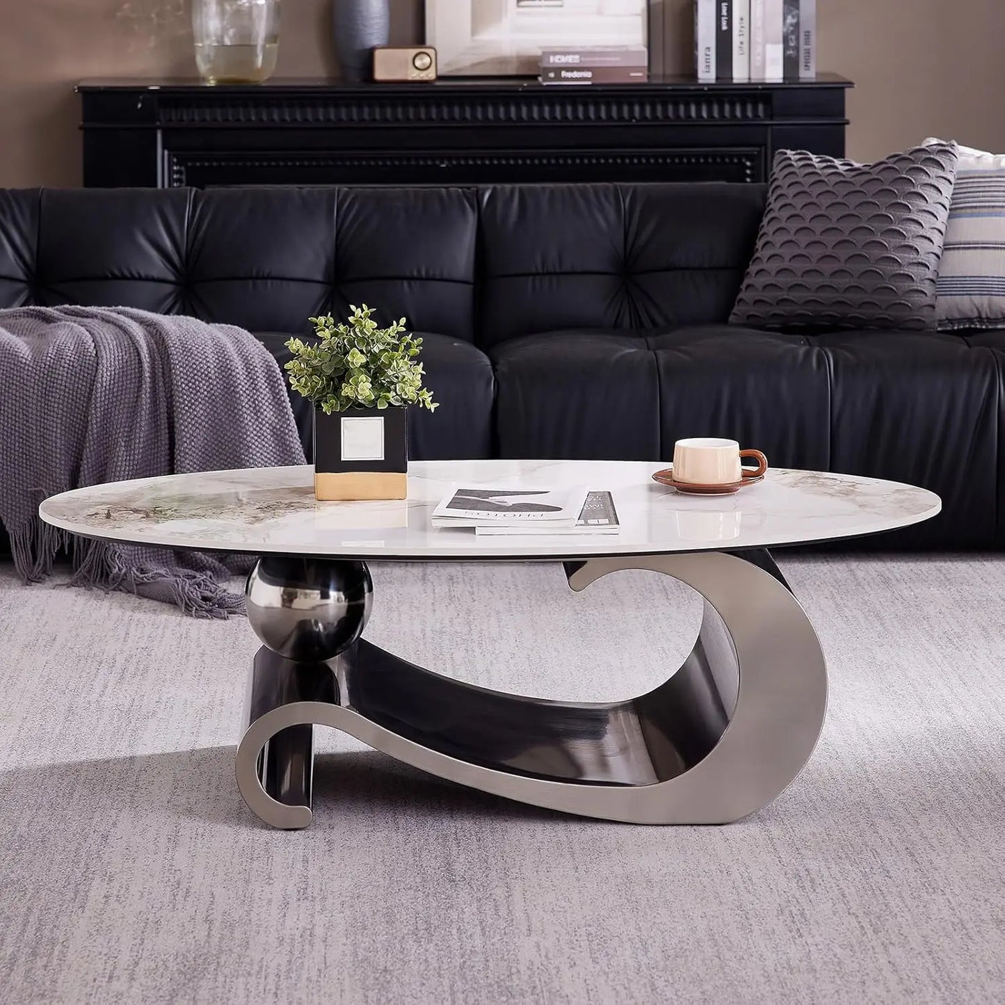 49.2 Inch Modern Oval Marble Coffee Table with Sturdy Metal Base Luxury Living Room Furniture