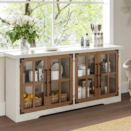 Farmhouse 63 Inch Buffet Sideboard Cabinet with Glass Door Large Storage Cabinet with Adjustable Shelf Wooden Coffee Bar Station