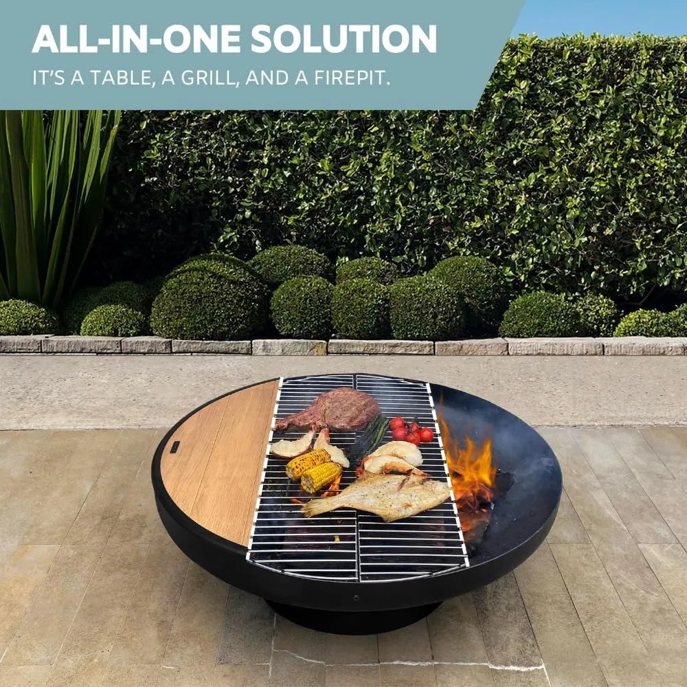 Cast Iron Fire Pit Table with Lid Extra Thick Heavy Duty Fire Bowl Deep Round Firepit for Outdoor Bonfire Gatherings Wood