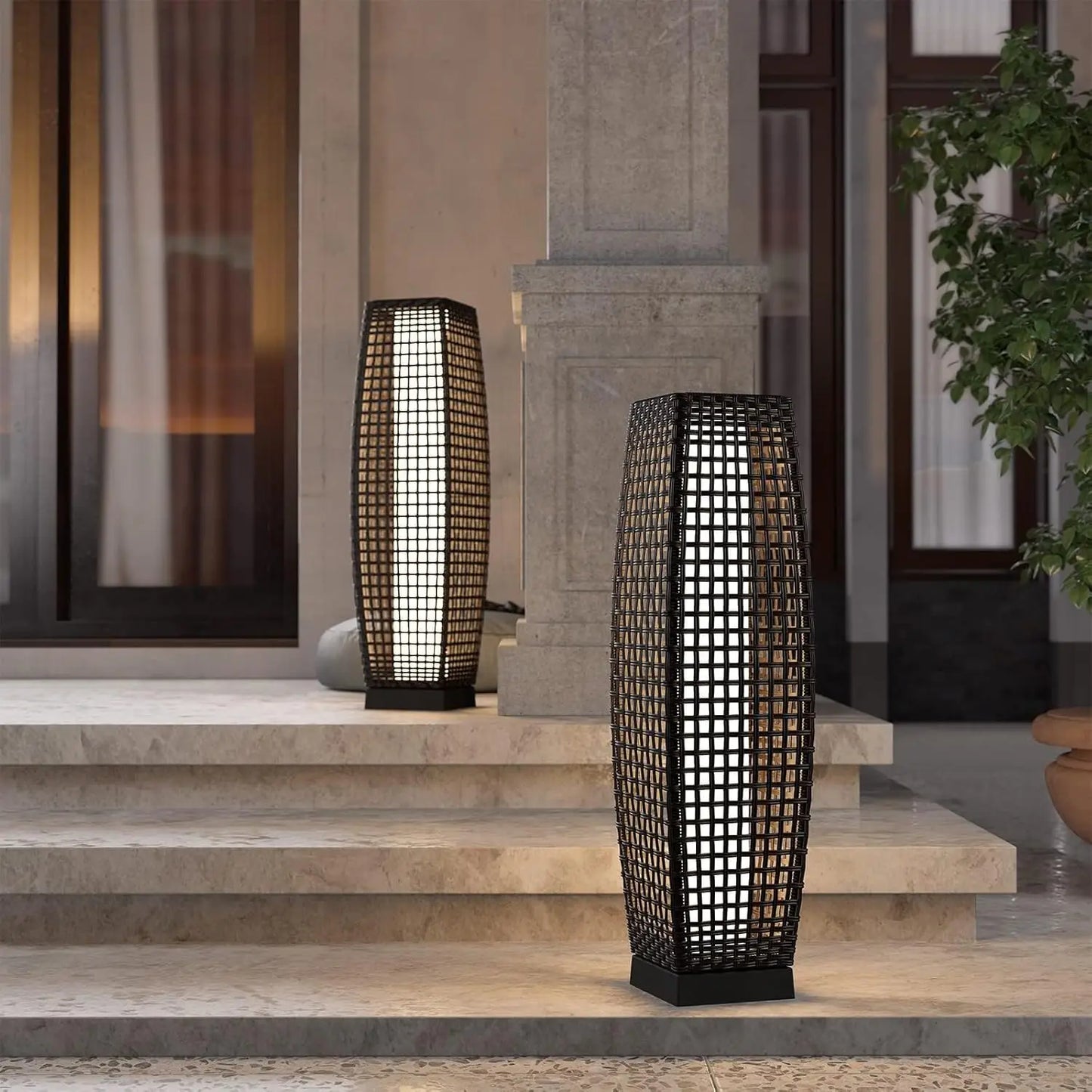 Medium Cindy Outdoor Solar Powered Woven Wicker Lantern Floor Lamp Decoration for Deck Garden Lawn Porch