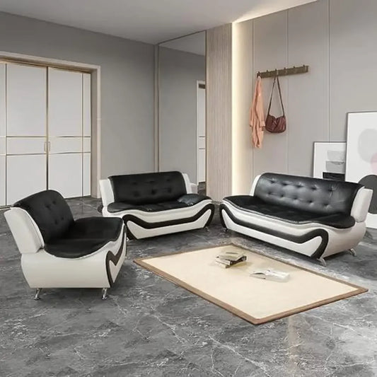 Contemporary Vegan Leather Sofa Living Room Furniture Set 3 Pieces Black White Ergonomic Design Breathable Faux Leather Upholstery