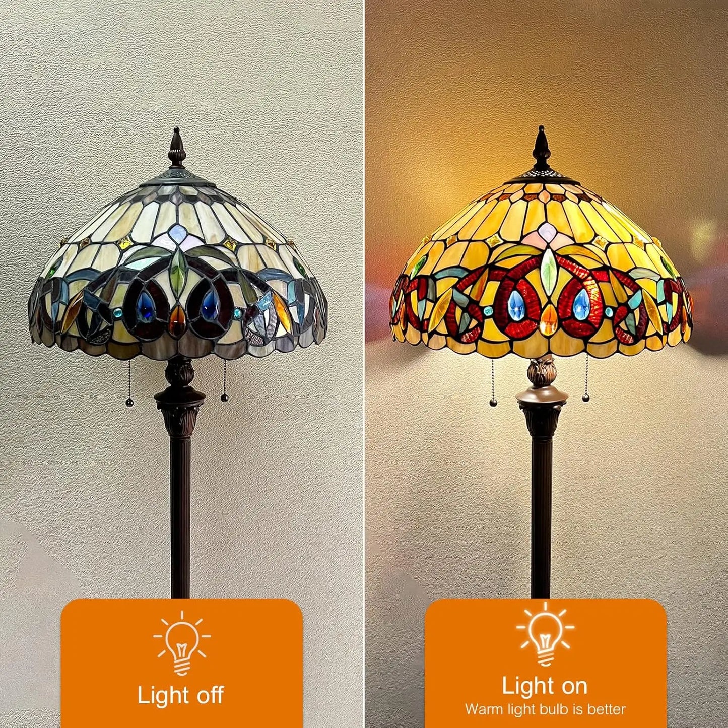Floor Lamp 2-Light Antique Victorian Cream Brown Stained Glass Industrial Design