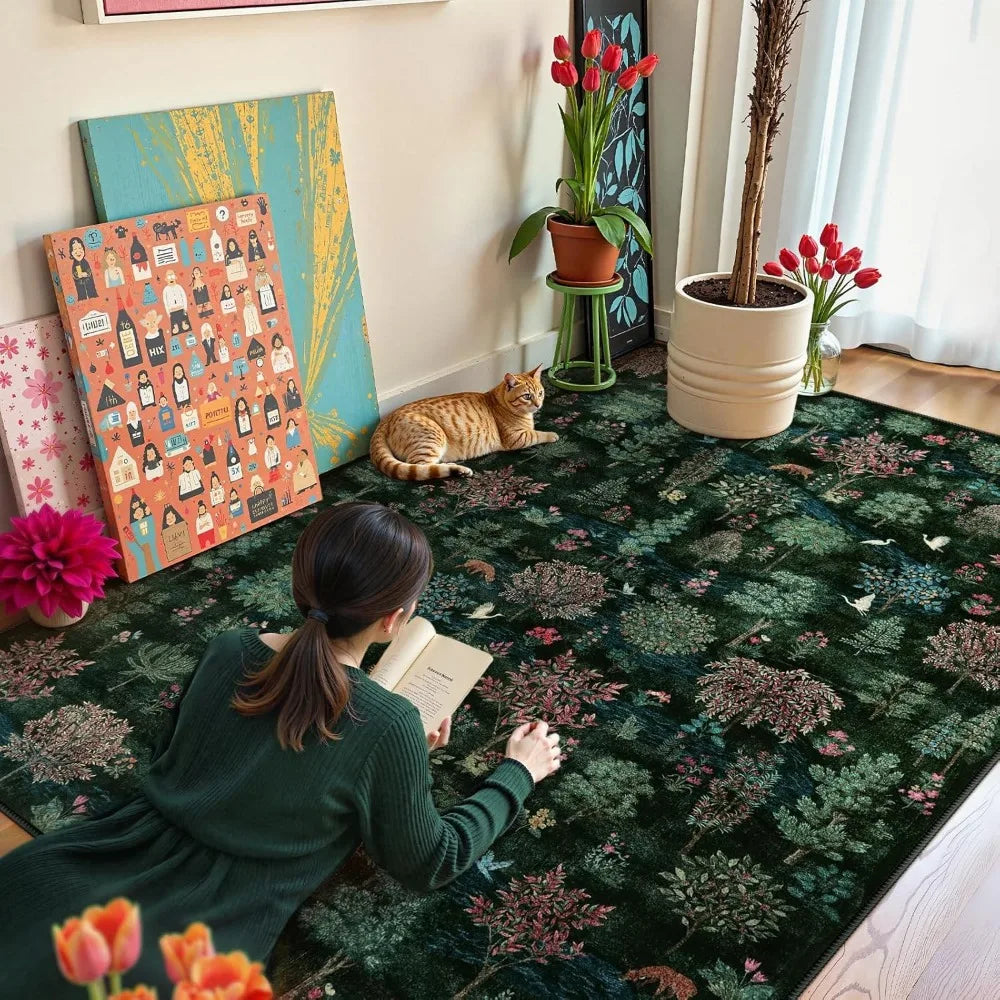 Forest Print Washable 8x10 Area Rugs Dark Green Non Slip Ultra Thin Soft Boho Floral Carpet for Living Room