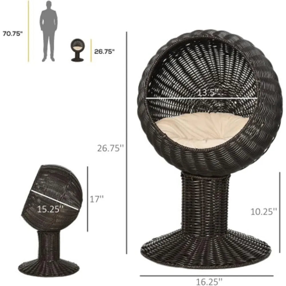 27-inch Cat Bed, Rattan Cat House, Elevated Cat House, Kitten Scratching House, with Mat, Dark Brown