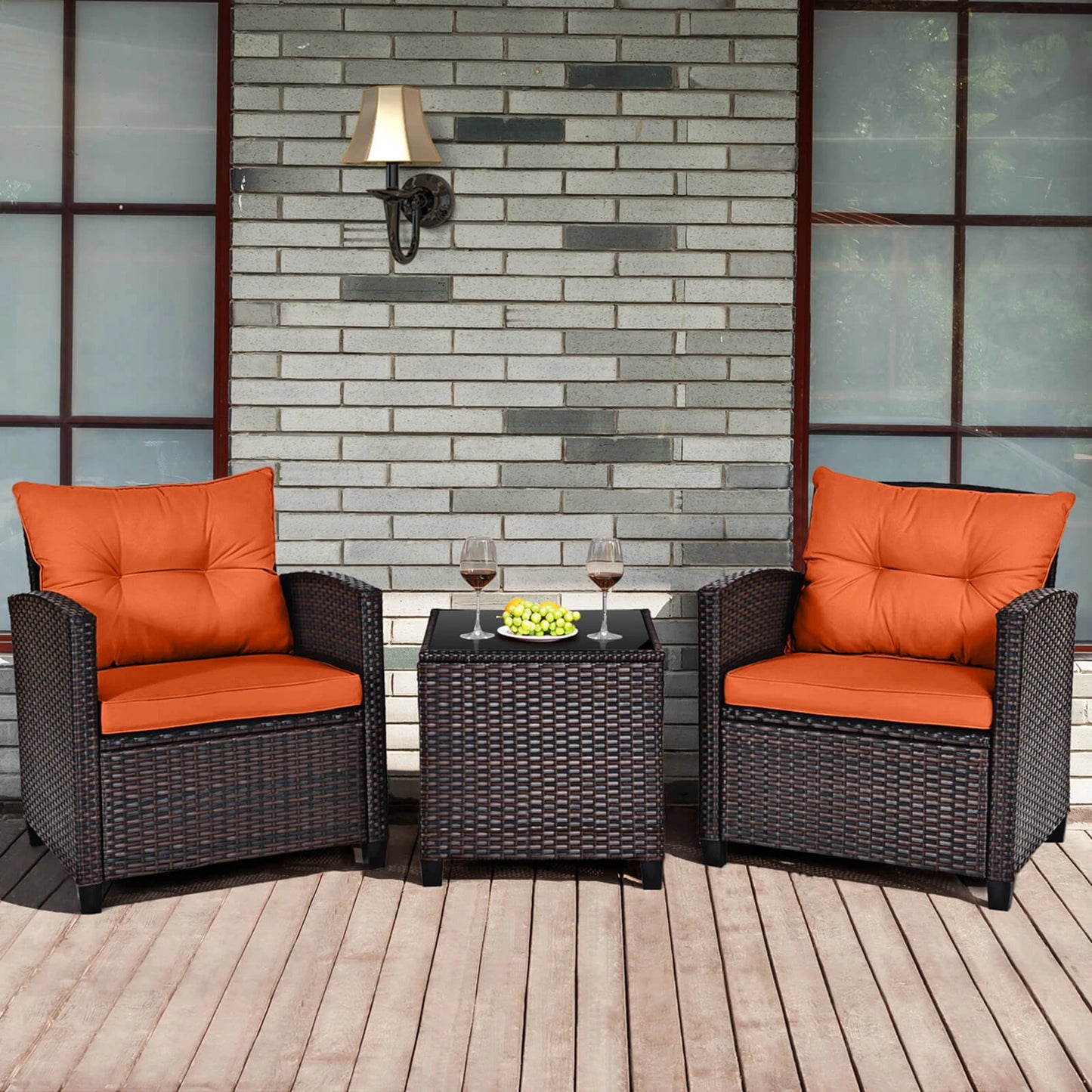 3 Piece Patio Rattan Furniture Set Cushioned Conversation Sofa Orange
