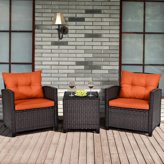 3 Piece Patio Rattan Furniture Set Cushioned Conversation Sofa Orange
