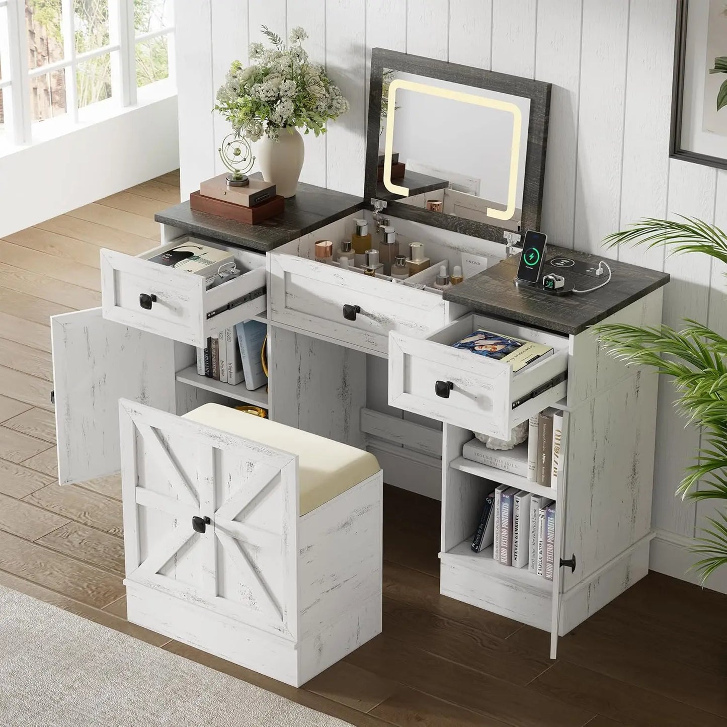 Farmhouse Vanity Desk with Flip Top Mirror and Lights Makeup Vanity Table with Adjustable Cabinets and Hidden Storage