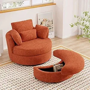 Oversized Swivel Accent Chair with Half Moon Storage Ottoman, 42'' W Chenille Round Swivel Barrel Chair, Modern Upholstered Comf
