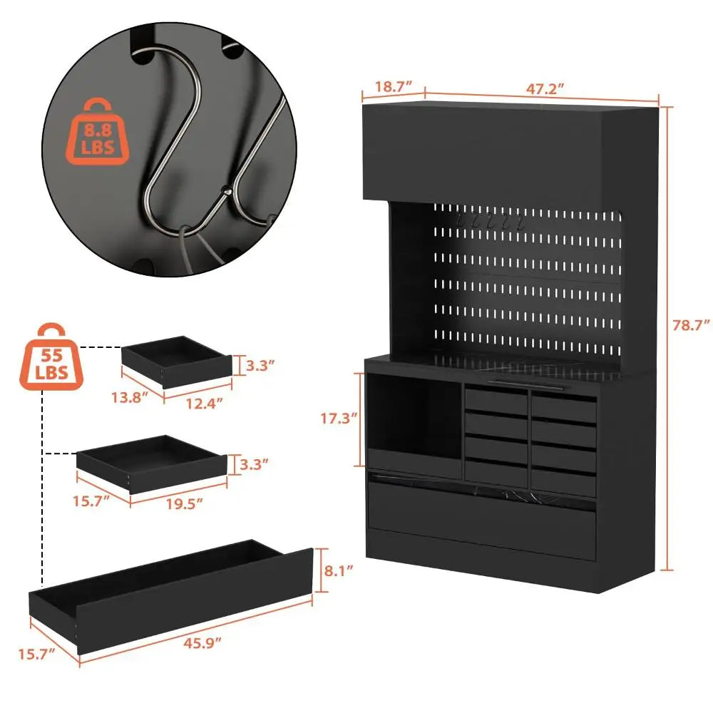 Large Kitchen Pantry Storage Cabinet with Pegboard and Hutch 78.7 Inch Kitchen Buffet Cabinet Cupboard with 9 Drawers in Black