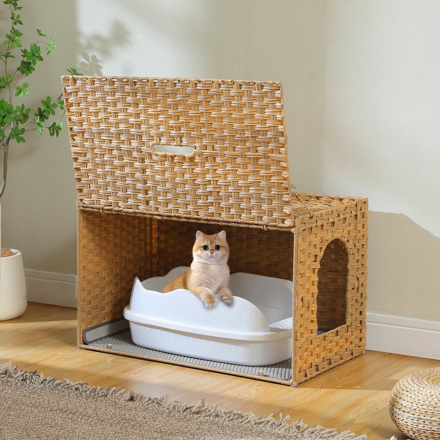 Rattan Cat Litter Box Enclosure Furniture with Door Handwoven Rattan Hidden Litter Box for Living Room Odor Control Cat House Bed
