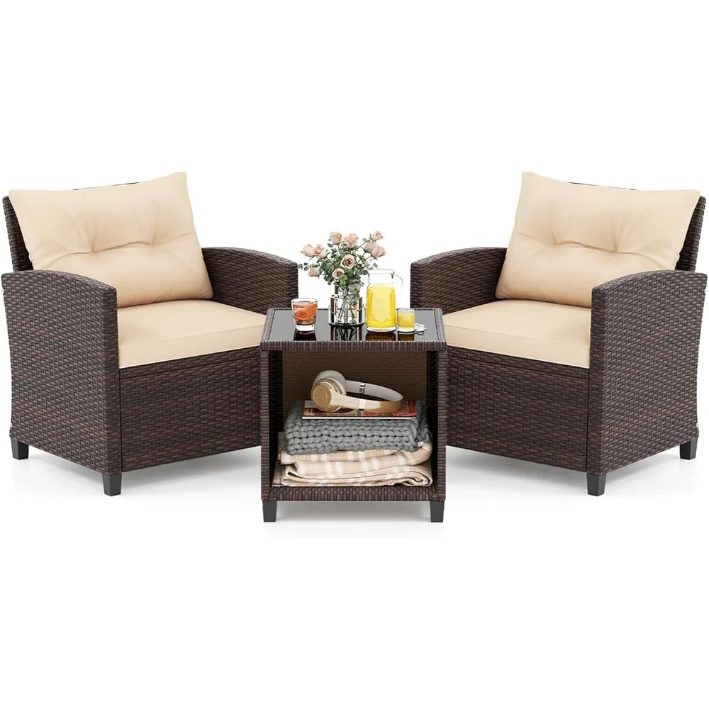 3 Piece Patio Furniture Set Outdoor Conversation Set with Washable Cushions and Storage Table PE Rattan Wicker Bistro Set