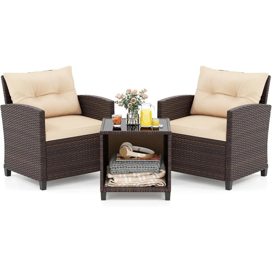 3 Piece Patio Furniture Set Outdoor Conversation Set with Washable Cushions and Storage Table PE Rattan Wicker Bistro Set